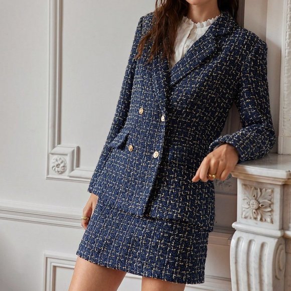 . Jackets & Blazers - Navy Blue Preppy Womens Plaid Pattern Double Breasted Tweed Blazer